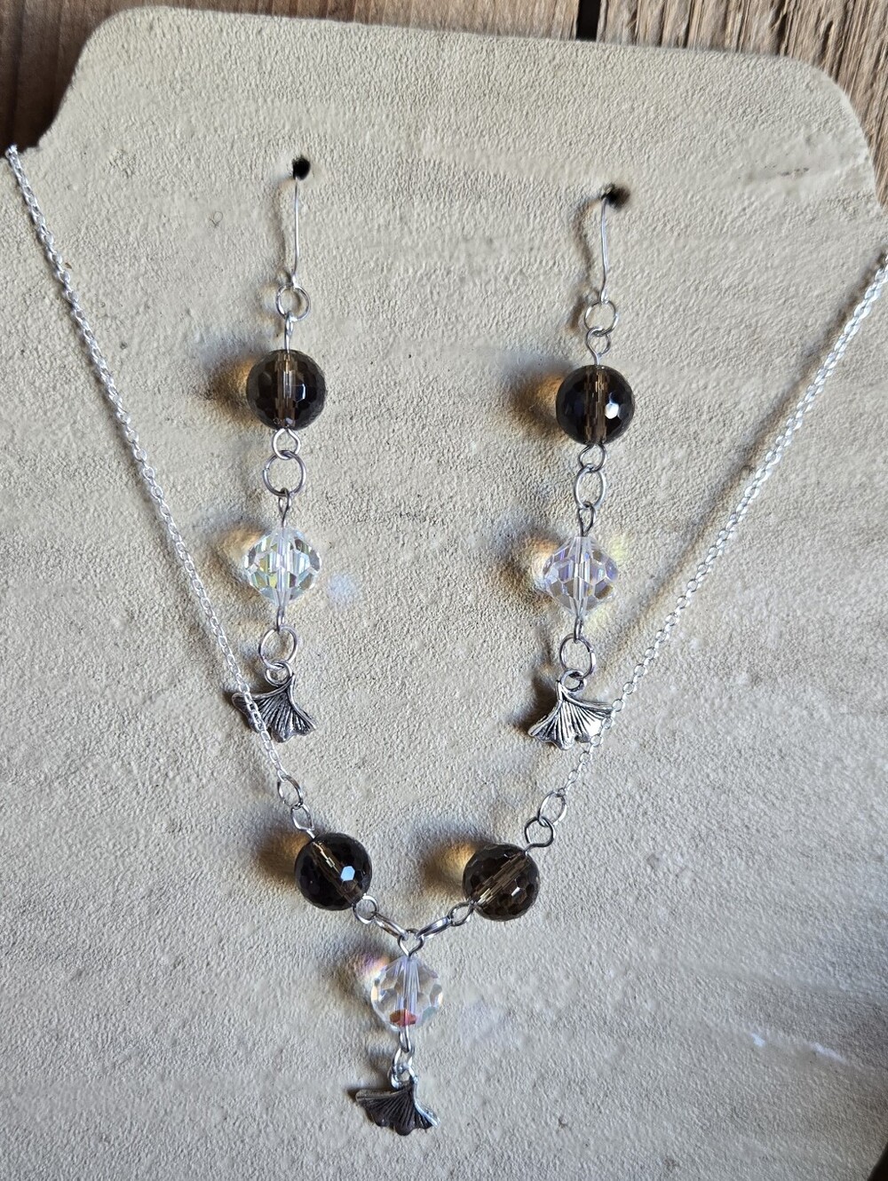 Smoky Crystal & Gingko Leaf Necklace and Earrings Set